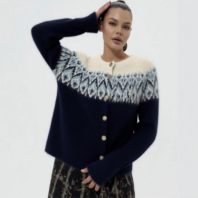 Womens Vintage Fair Isle Knit Cardigan Sweater Loose Fit Winter 2026 Geometric Wool Blend