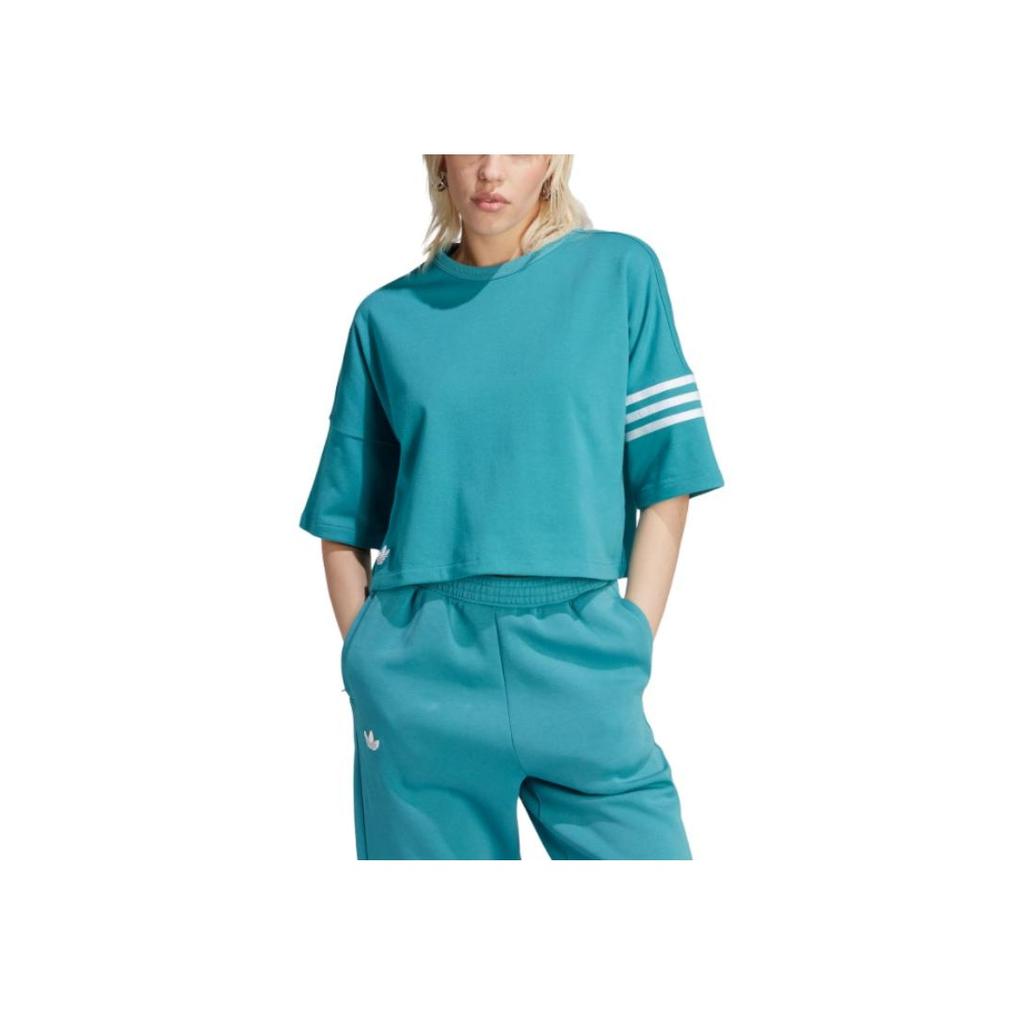 adidas Укороченная футболка Originals Trefoil с тремя полосками и цветными блоками, женские топы, арктическо-голубой, белый IM1829