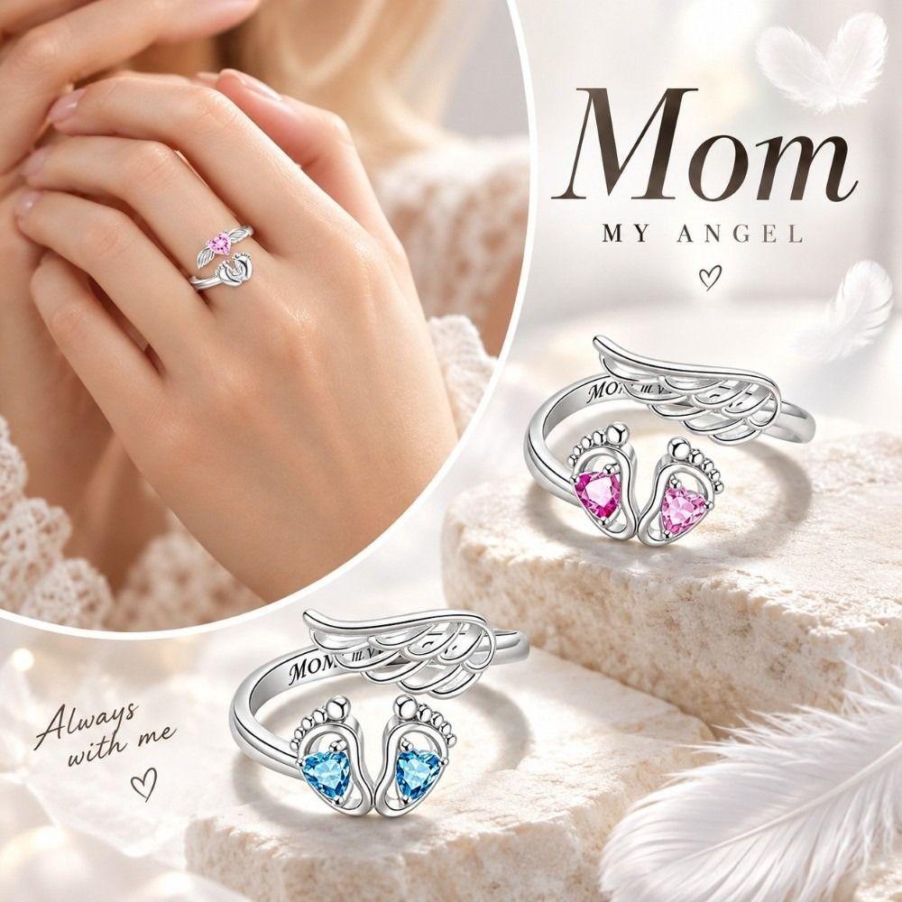 Rhinestone Embellished Angel Footprint Wing Ring Open Band Fashion Band Birthday Anniversary Gift