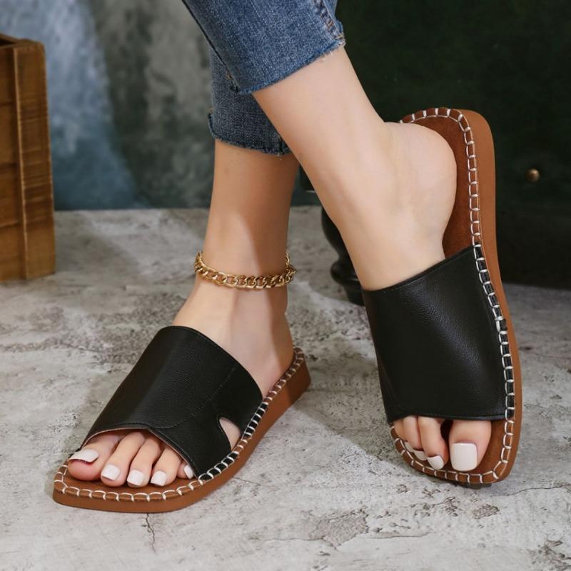 Летние новые плоские туфли с квадратным носком и одним словом, женские уличные сандалии, тапочки