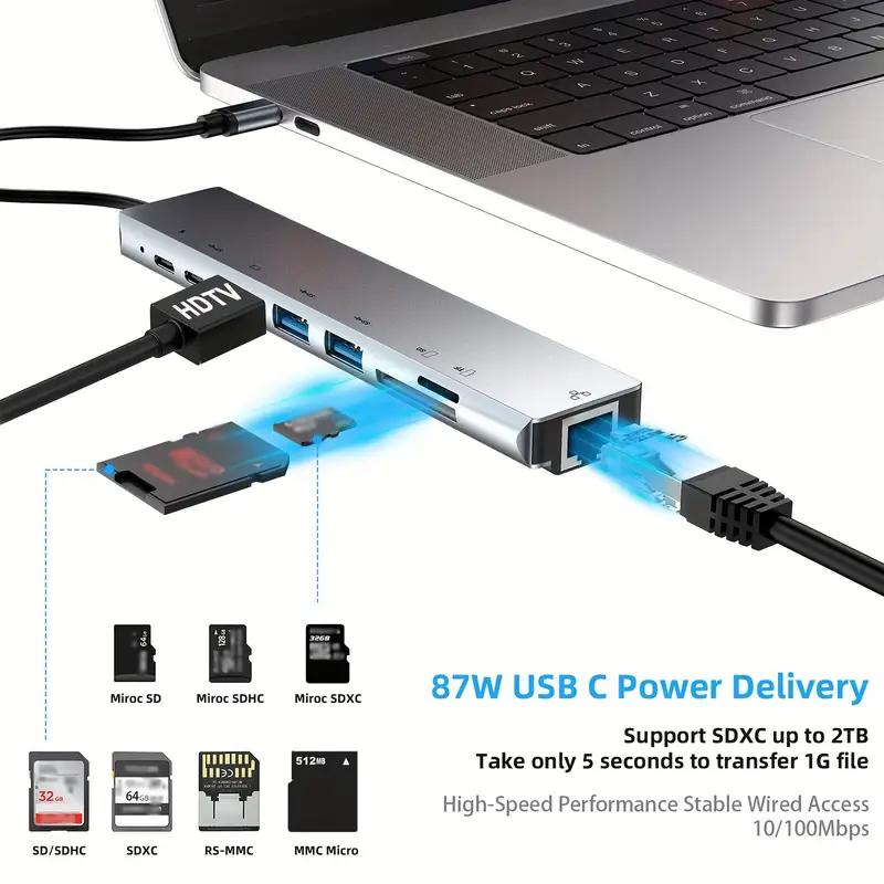 Многопортовый адаптер USB C Hub 8-в-1 с 4K HDMI, 100 Вт PD, Ethernet и портами USB расширяет возможности подключения вашего ноутбука