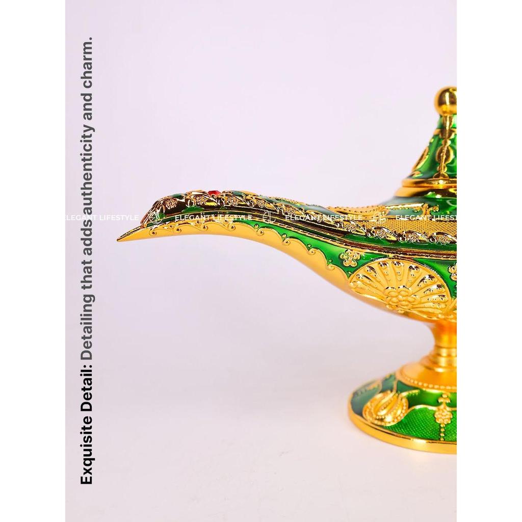 Винтажная лампа Аладдина Чираг - Роскошная металлическая шкатулка для драгоценностей, Декоративный экспонат, Для дома и офиса - 12 см(Золотисто-Зеленый)