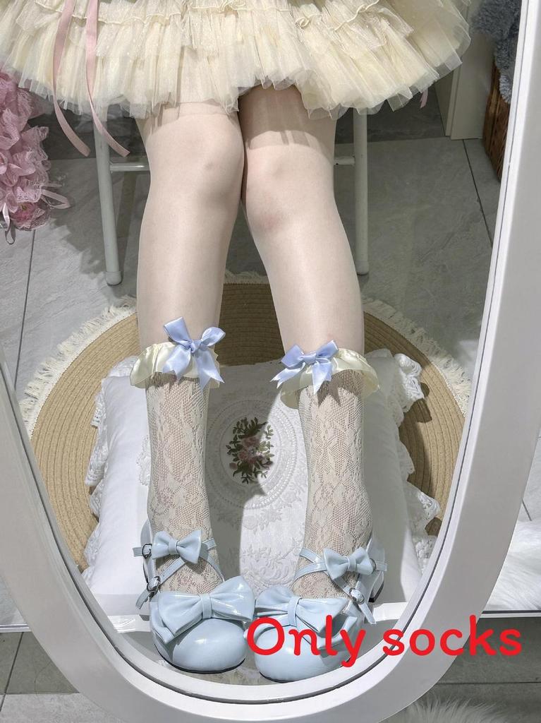 Lolita Style Youth Girl Midcalf Satin Bow Socks With Antifriction Features