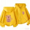 Kids Yellow Zip Hoodie Cute Capybara With Bubble Tea Heart Print Long Sleeve Outdoor Outerwear
