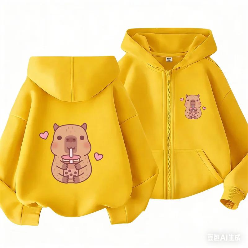 Kids Yellow Zip Hoodie Cute Capybara With Bubble Tea Heart Print Long Sleeve Outdoor Outerwear