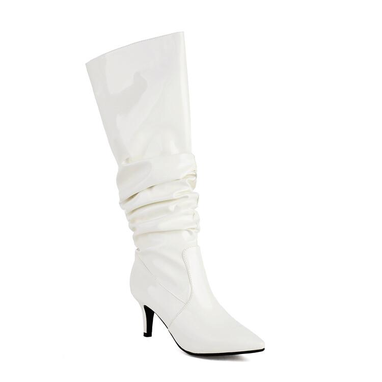 Модные европейско-американские лакированные плиссированные золотистые серебристые длинные сапоги женские 6,5 см высокий каблук короткий плюш до колена размер 32-48