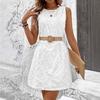 Women Summer Casual White Embroidered Crew Neck One Piece Dress