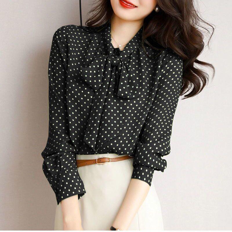 Spring Autumn Shawl Collar Long Sleeve Blouse Women's Bow Polka Dot Printing Cardigan Elegant Thin Style Shirt