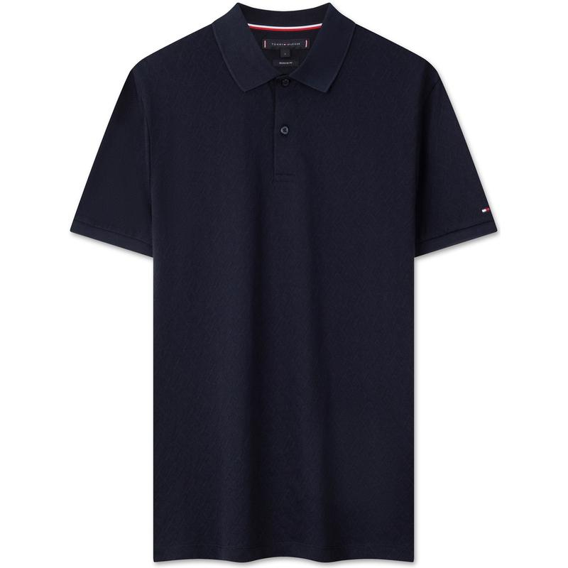 Tommy Hilfiger Smooth Silk Cotton Pure Cotton Business Jacquard Short Sleeve Polo Shirt Men tops Navy-Blue MW0MW35611