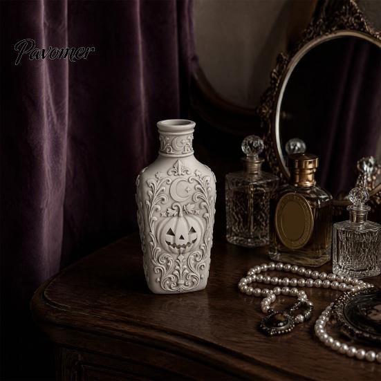 Vintage Style Home Accessories Halloween Gothic Pumpkin Vase, 3D Printed Moon Star Embossed Potion Bottle Reliefs Tabletop Ornament, Dry Flower