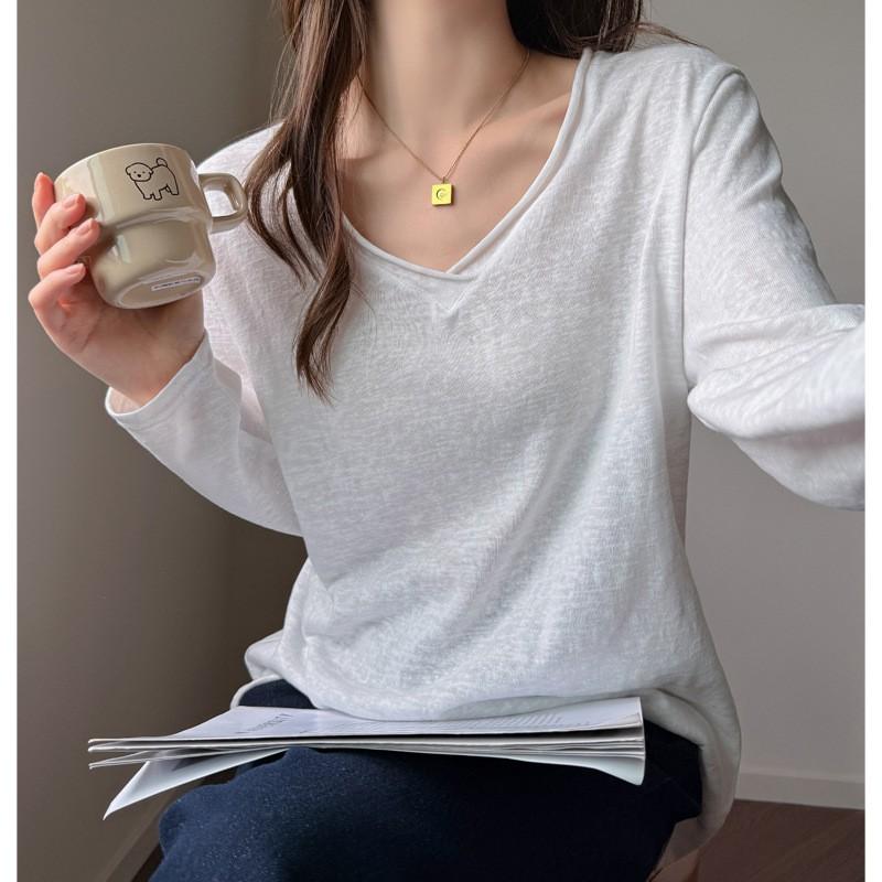 Oversized V-Neck Long Sleeve T-Shirt Women Soft Cotton Blend Loose Fit Casual Top Korean Style Layering Base