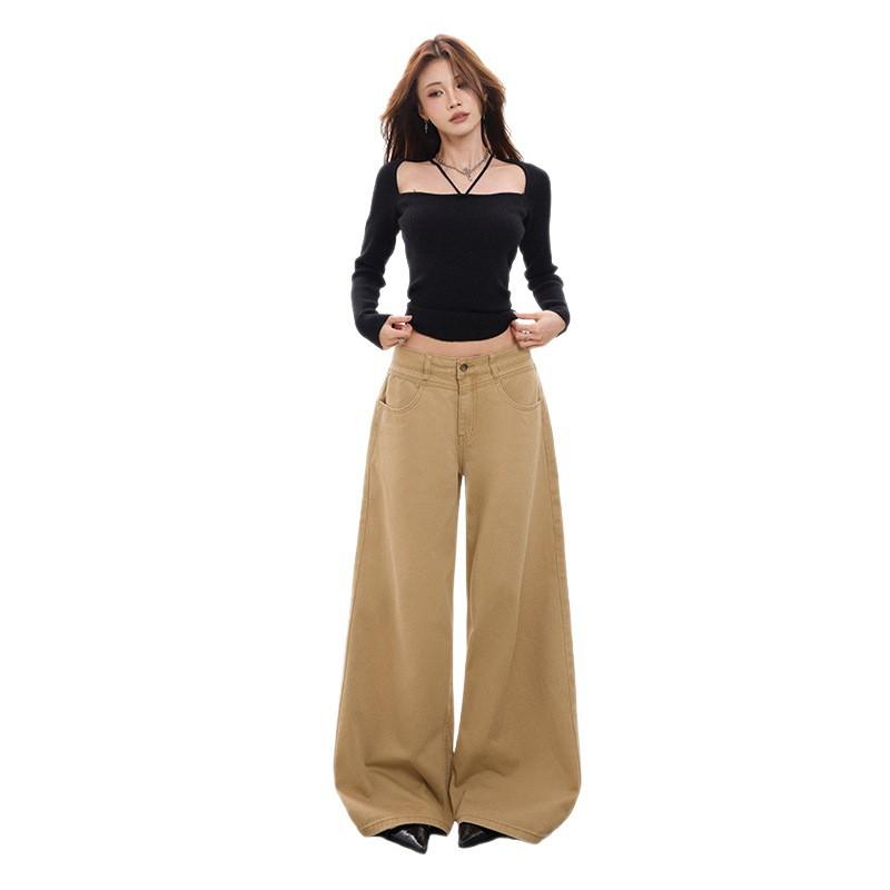 Khaki jeans women's autumn and winter new versatile loose and thin adjusting waist design loose low waist wide leg pants