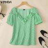 VONDA Женские летние повседневные футболки с оборками и V-образным вырезом с коротким рукавом в полоску