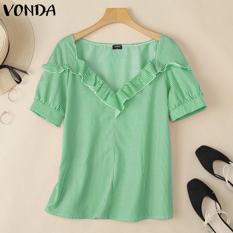 VONDA Женские летние повседневные футболки с оборками и V-образным вырезом с коротким рукавом в полоску