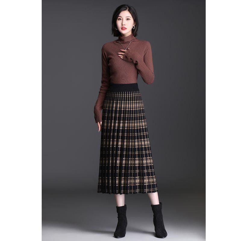 Осень-зима, винтажная эластичная миди с высокой талией, плиссированная трикотажная юбка с принтом «гусиные лапки» для женщин, длинная клетчатая юбка для подиума