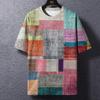 Ретро мужские футболки с клетчатым принтом Футболки в стиле пэчворк О-образный вырез Блузка с коротким рукавом Топы свободного покроя Мужские модные футболки в стиле Харадзюку