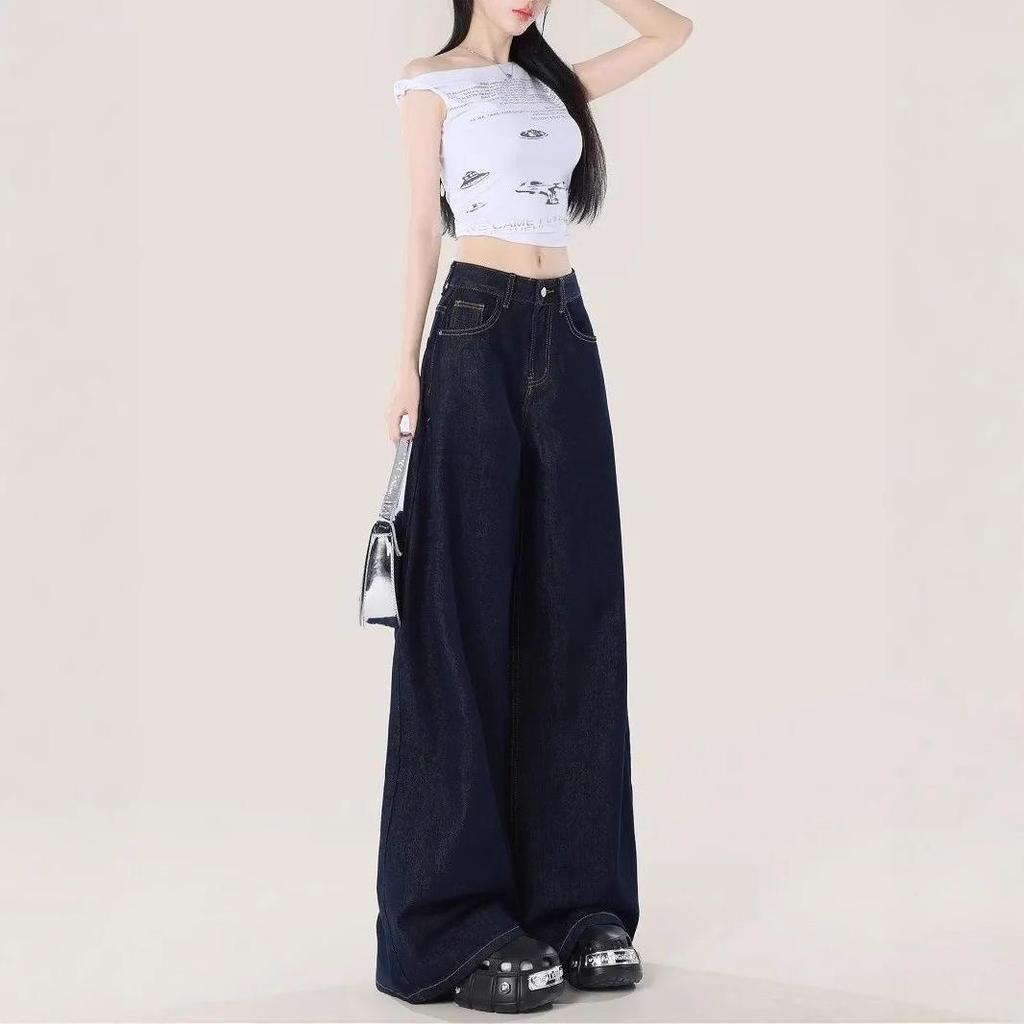 Темно-синие джинсы с высокой посадкой в стиле ретро и широкими штанинами - женские брюки свободного кроя длиной до пола на лето/осень