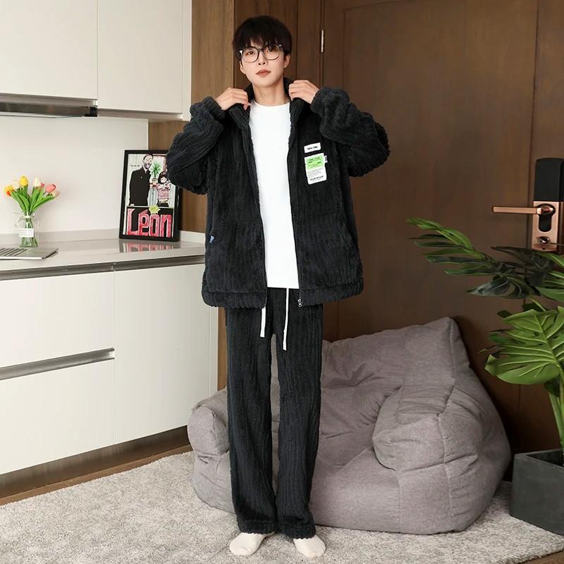 M-8XL Пижама больших размеров мужская зимняя коралловая флисовая толстая бархатная на молнии кардиган пижама однотонный теплый домашний костюм