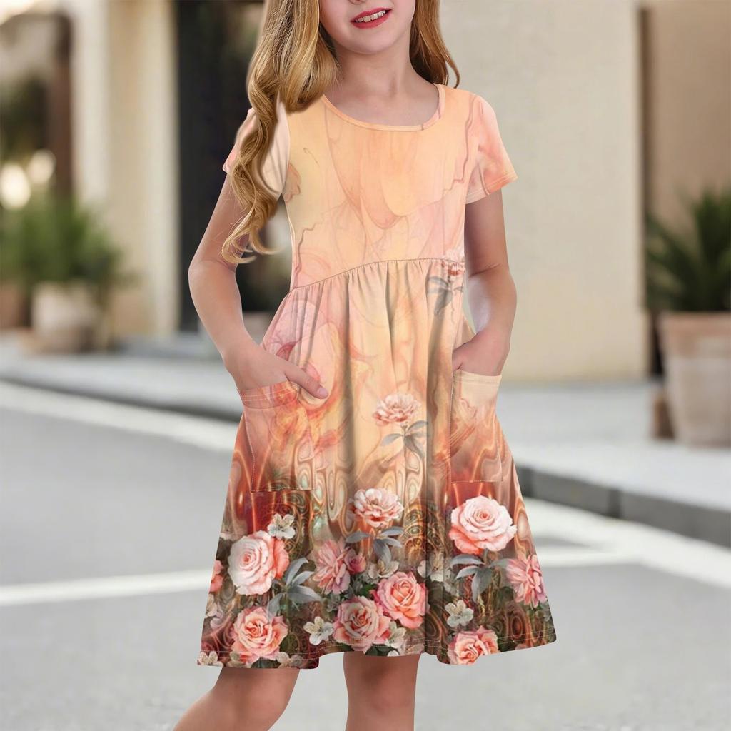 Children's Skirt Round Neck Short Sleeve Princess Dress Fashion Casual Pocket Dress For Girls