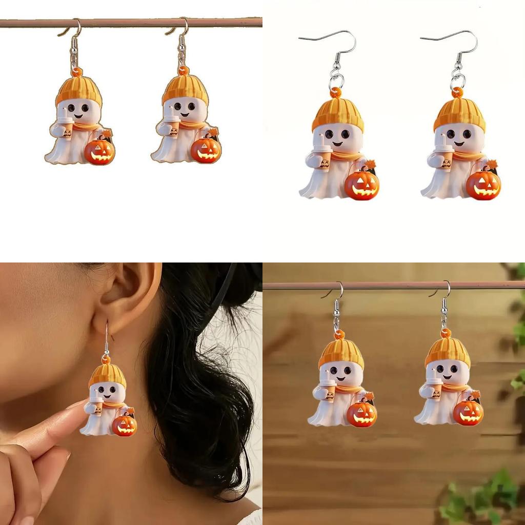 Halloween Themed Cartoon Ghost Milk Tea Pumpkin Pattern Women Acrylic Earrings