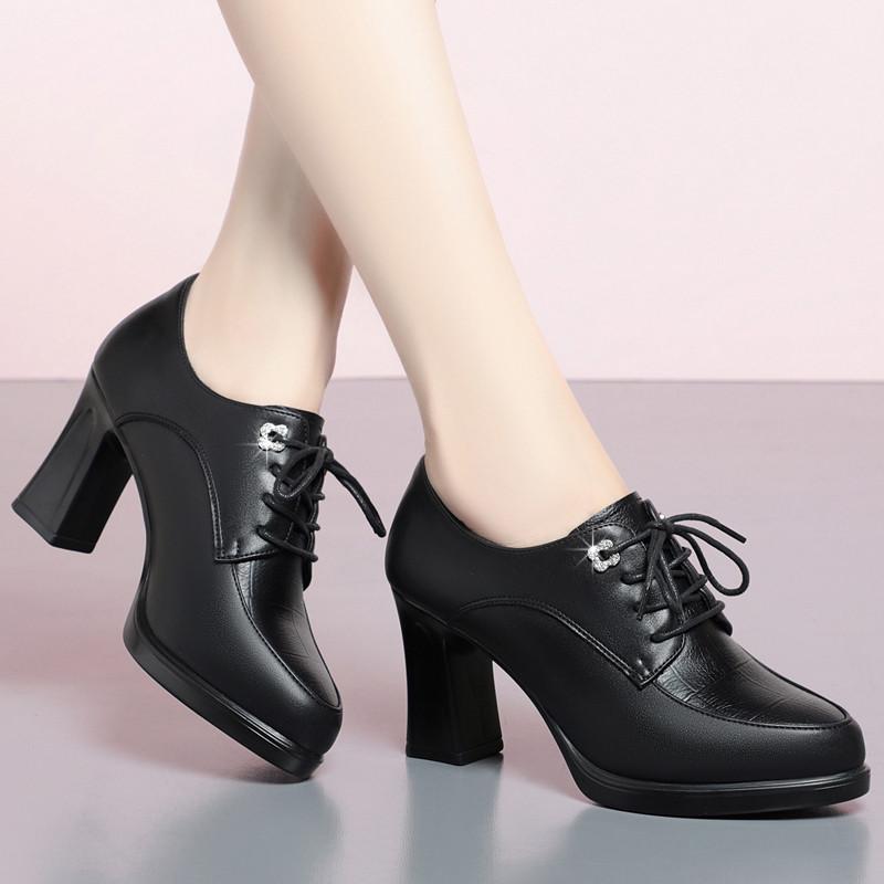 Fashion Spring Autumn Women's Pumps Fashion Deep Mouth Pumps Shoes Woman Genuine Leather Lace Up Single Shoes Mother High Heels Shoes