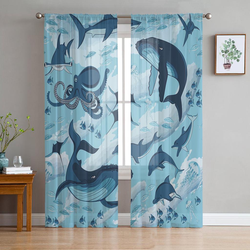 Шторы из тюля Sea Shark для гостиной, прозрачная вуаль с принтом, шторы для спальни, экранирующие шторы, жалюзи, домашний декор