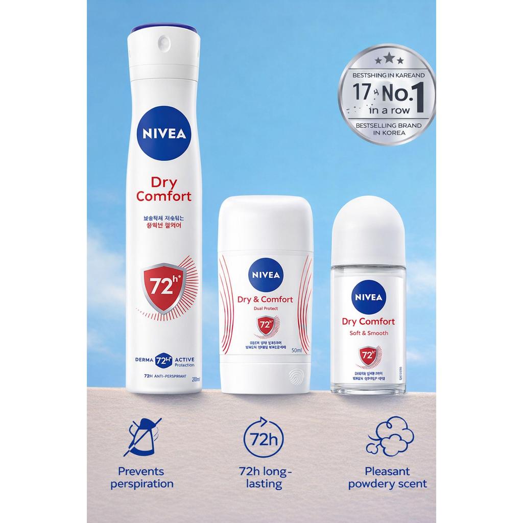 NIVEA Dry Comfort Roll-On Deodorant – 48H Anti-Perspirant Protection (50ml) x2