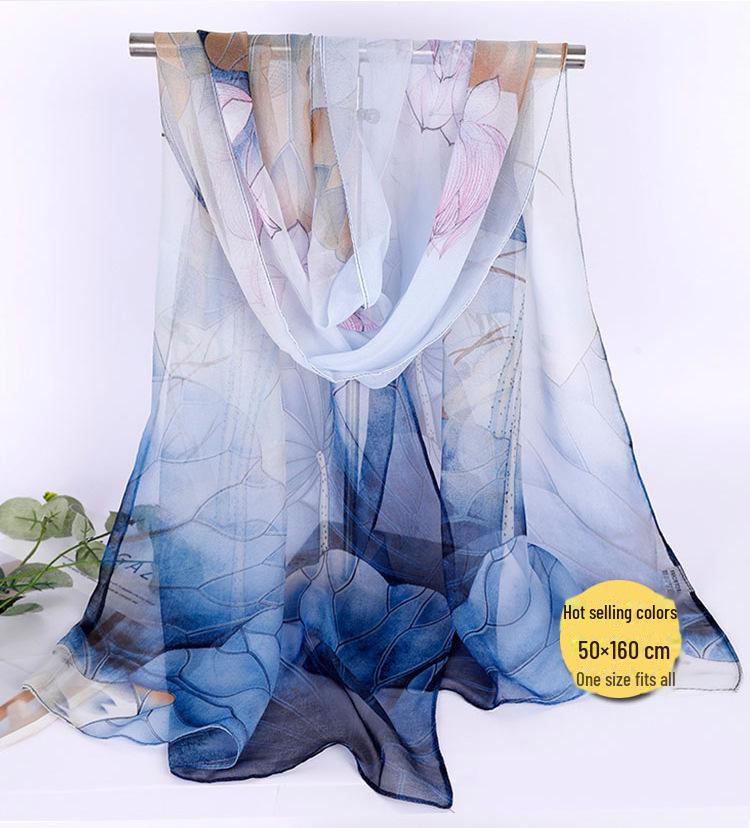 Lotus Georgette Silk Scarf: Medium-Length Printed Summer Shawl for Sun Protection and Dance, All-Match Mother Style.