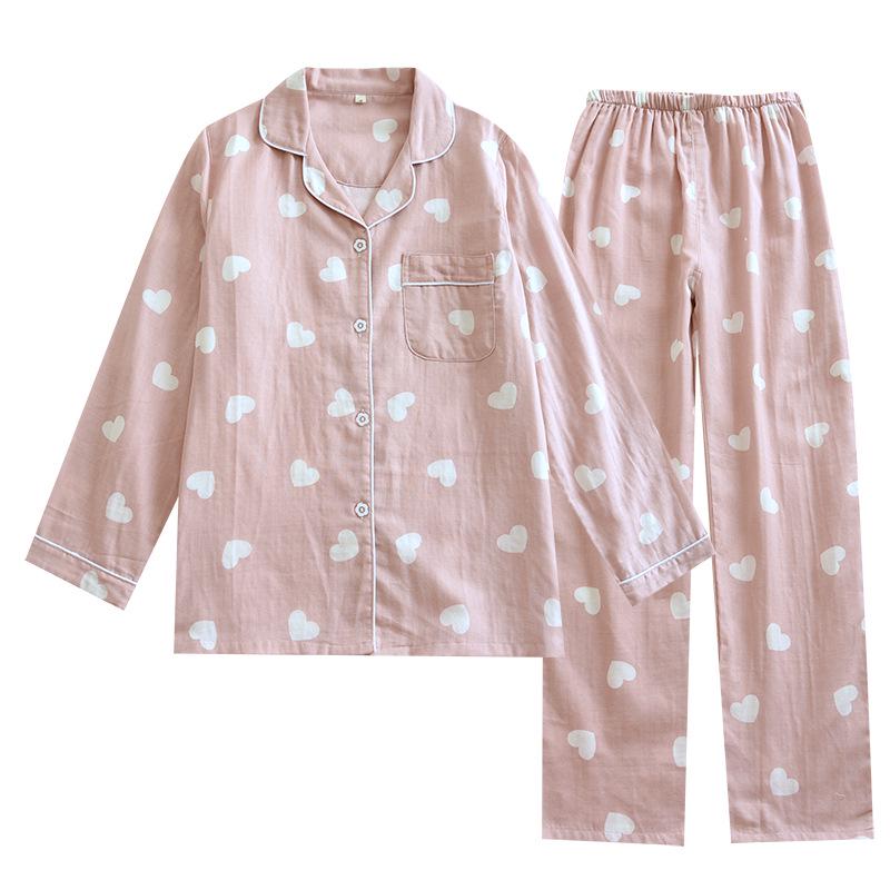 Women's Long Sleeve Cotton Pajamas - Heart Pattern, Double Layer Gauze, Sweet & Cozy Homewear Set for Spring/Autumn