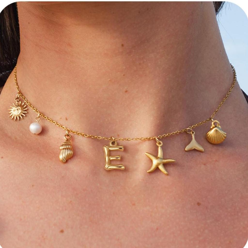 MHS.SUN Starfish Shell Initial Necklace Waterproof 18K Gold Plated Stainless Steel Charm Necklaces Surfer Girl Summer Beach Gift