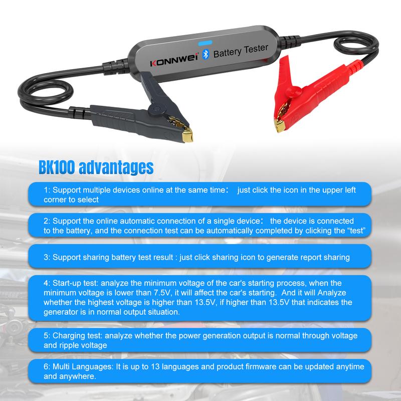 2025 New KONNWEI BK100 BK200 6V 12V 24V Bluetooth 5.0 Car Truck Battery Tester waveform Monitor 100-2000 CCA Charging Cranking d