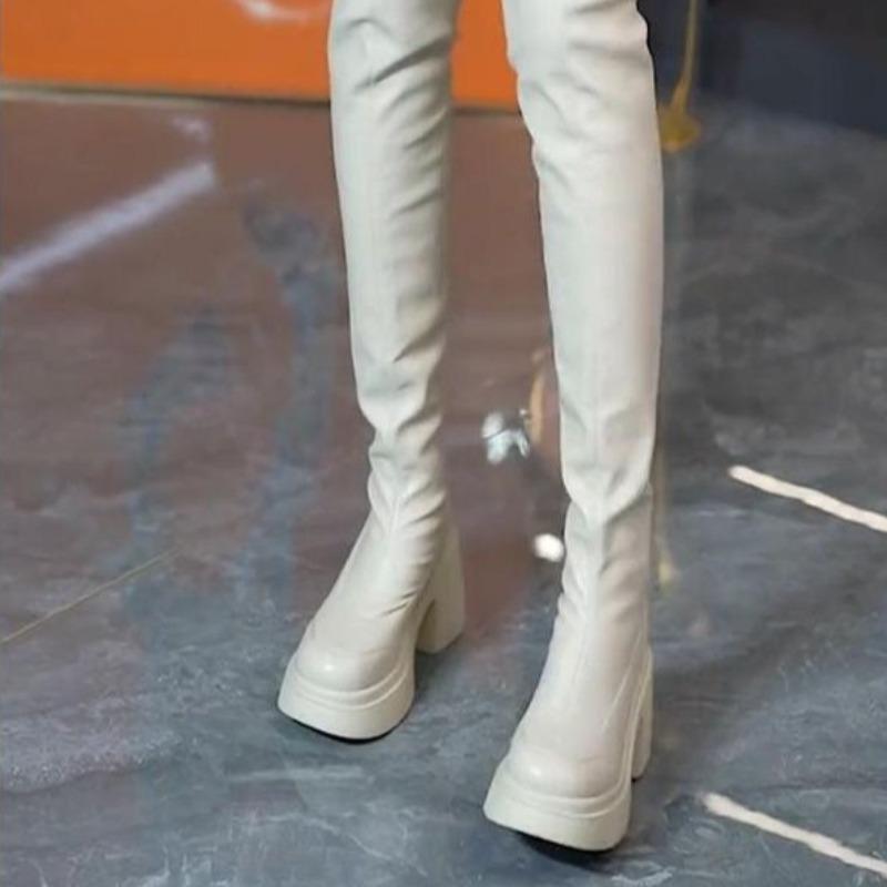Fashion Womens Thick-heeled Over-the-knee Boots High Heeled High Quality Fad White Long Boots Women Heightened Elastic Boots Boats Mujer