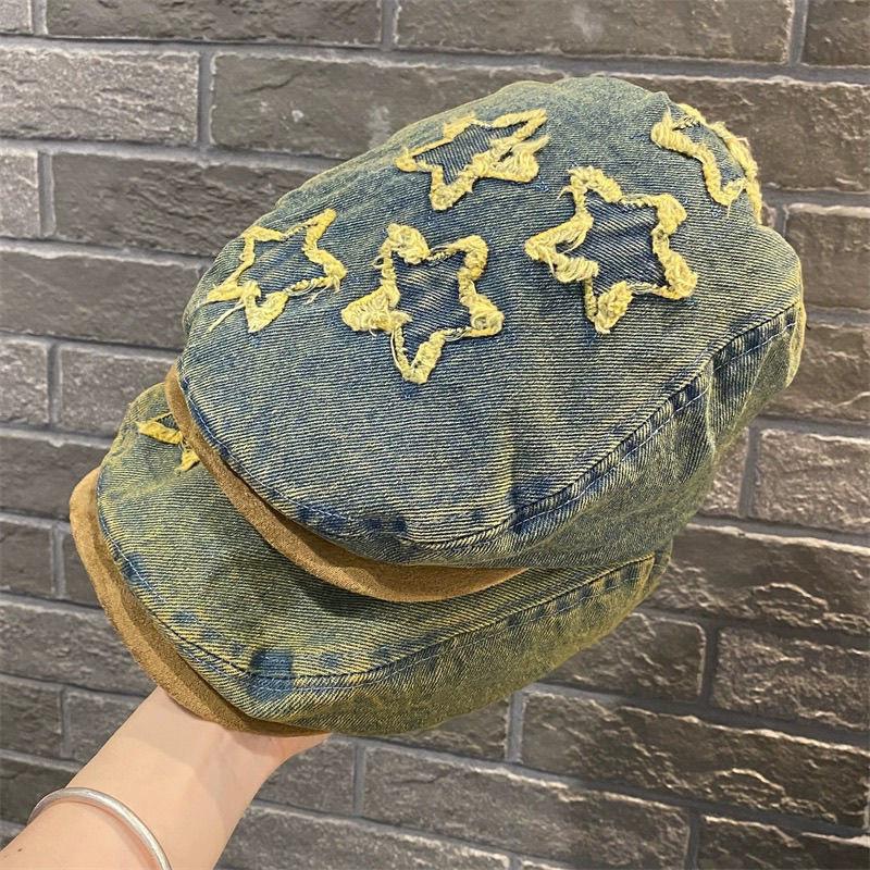 Four Seasons Washed Denim Hat Female Star Forward Cap Retro Beret Men's Versatile Show Small Fashion