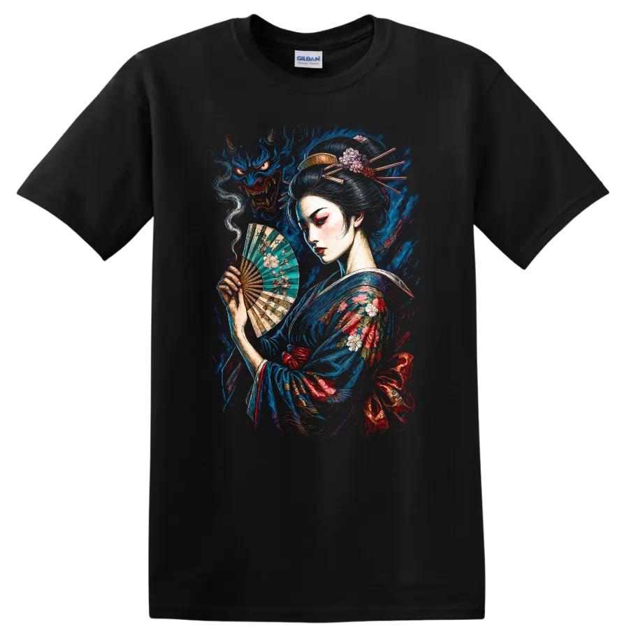Japanese Style Geisha Holding Fan Colorful Art T Shirt w/ Beautiful Tee