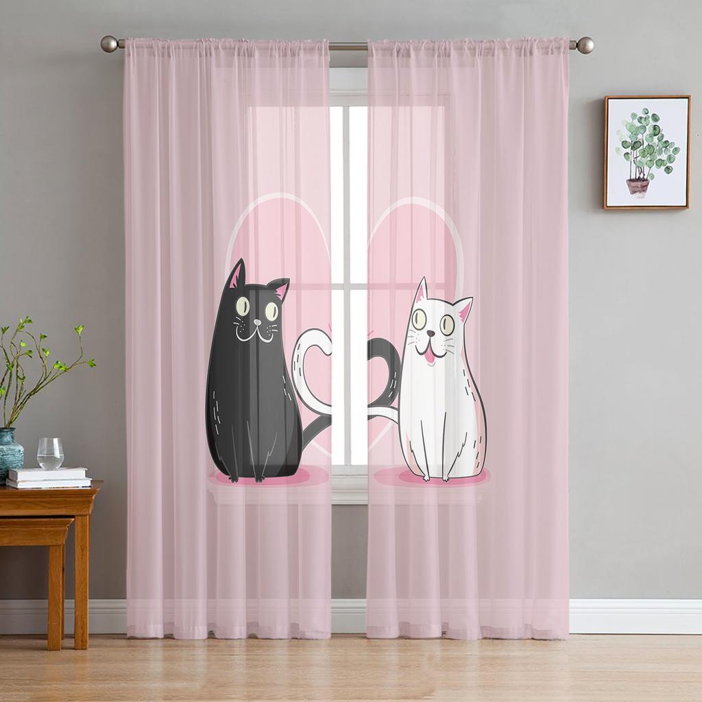 Cartoon Animal Cat Sheer Voile Curtains for Living Room Bedroom Printed Tulle Window Curtain Luxury Home Balcony Decor Drapes