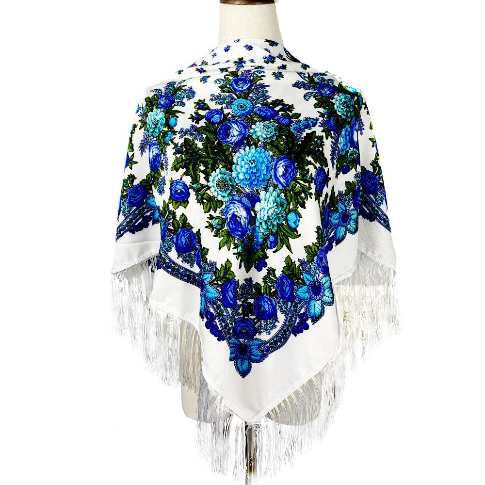 Women Retro Ukrainian Fringed Shawl Babushka Bandana Handkerchief Female Head Wraps Russian Floral Print Square Scarf