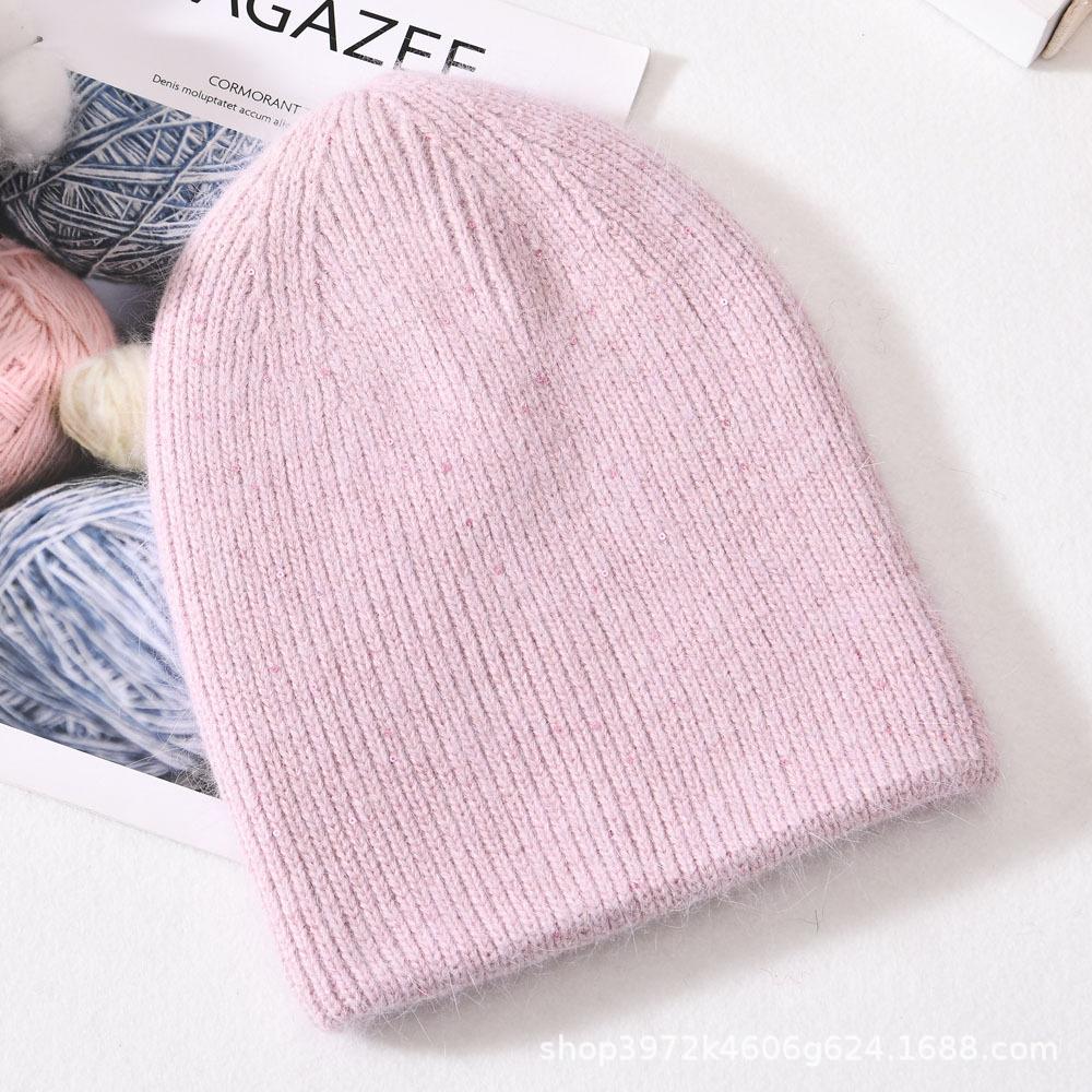 Autumn and winter solid color small sequins soft men's and women's warm wool hats Angola long rabbit hair knitted hat rabbit down cold hat