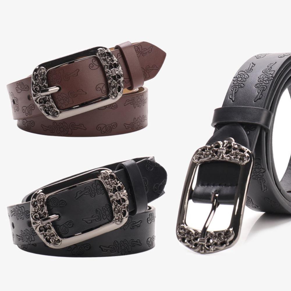 Antique Metal Buckle Embossed PU Leather Belt Alloy Pin Buckle Vintage Leather Belt Daily Outfits