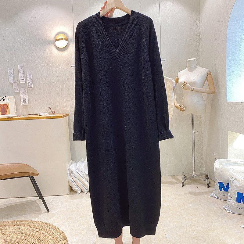 Корейское трикотажное платье с V-образным вырезом: Большие размеры, облегающие и свободные, однотонные, осень/зима
