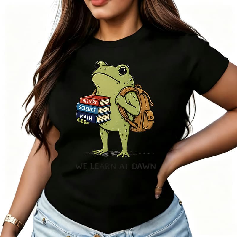 TXFunny We Learn at Dawn Frog Book Women's T-Shirt 100% Cotton Funny Graphic Short Sleeve Tee Novelty Shirt Casual Crew Neck Top S-5Xl