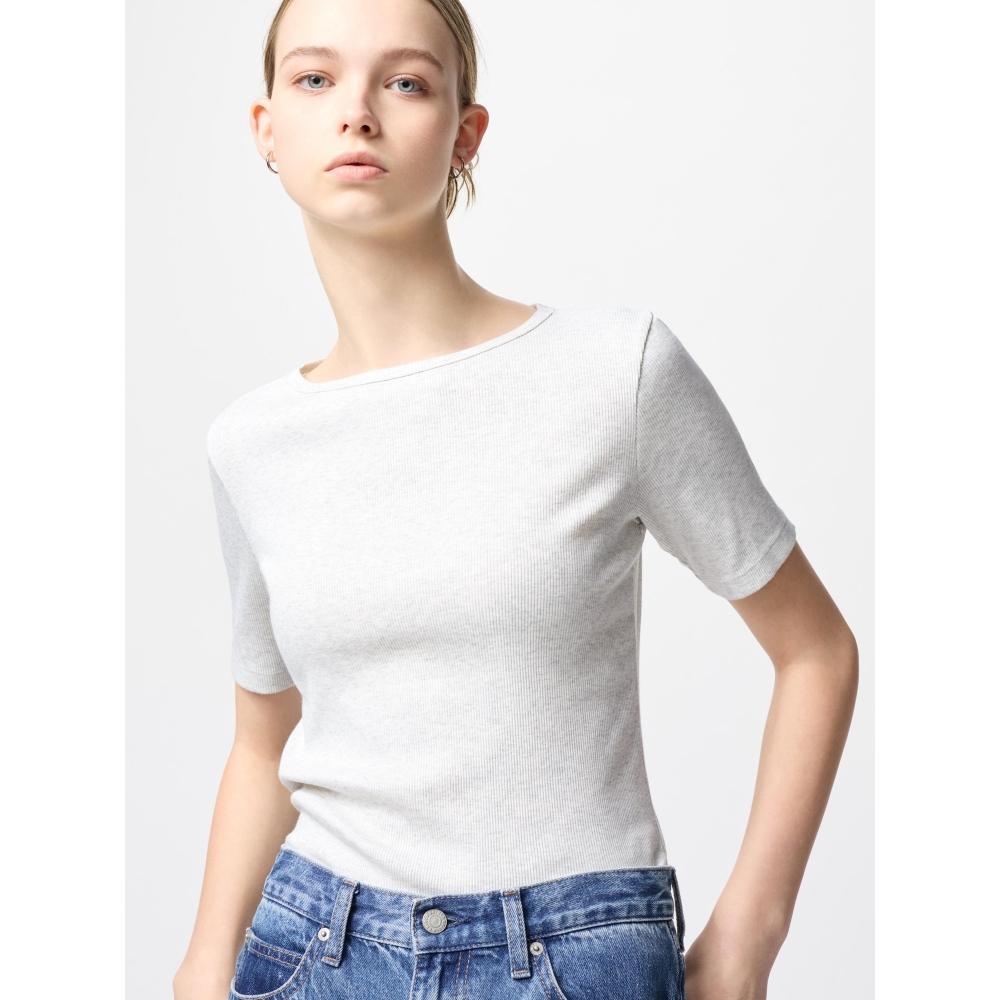 Uniqlo Японская ребристая футболка с вырезом «лодочка» и рукавом 5 минут