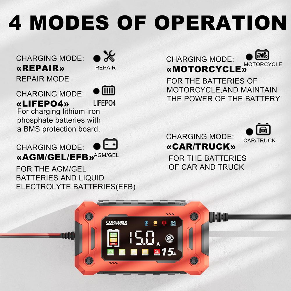 12V 15A Battery Charger Smart Charging For Lifepo4 Lead Acid AGM GEL Lithium Iron Phosphate Batteries With LED Display Car Moto