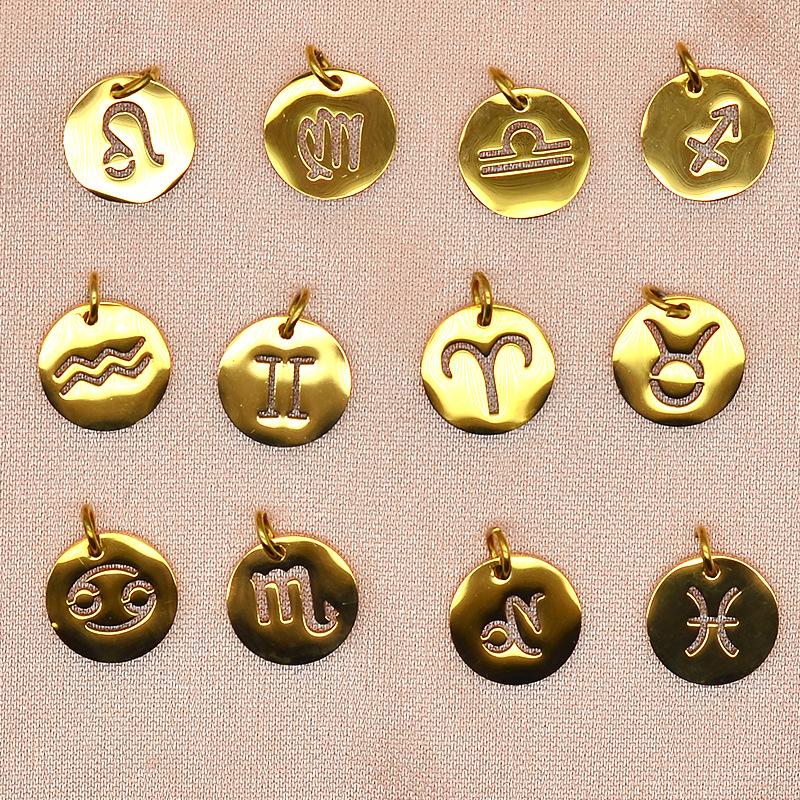 B4838 12mm Zodiac Style Charm 14k Gold Plated Stainless Steel Charm logo Custom Pendant for Jewelry Diy