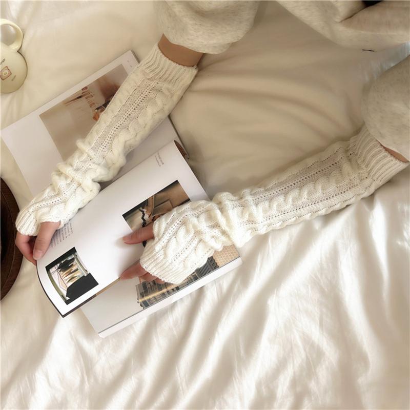 1 пара длинных вязаных унисекс перчаток с полупальцами для женщин и девочек, осенне-зимние, однотонные, теплые варежки до локтя