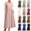 Женское модное однотонное свободное хлопково-льняное длинное платье с карманами и средними рукавами