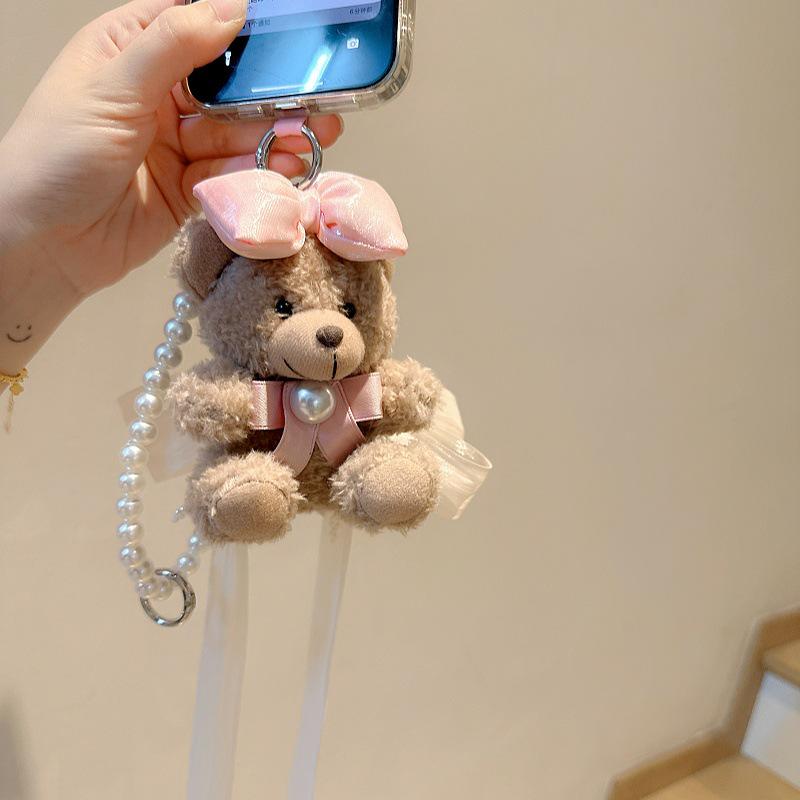 Универсальная подвеска «Маленький медвежонок»: Милая плюшевая цепочка для мобильного телефона с жемчугом и бантами