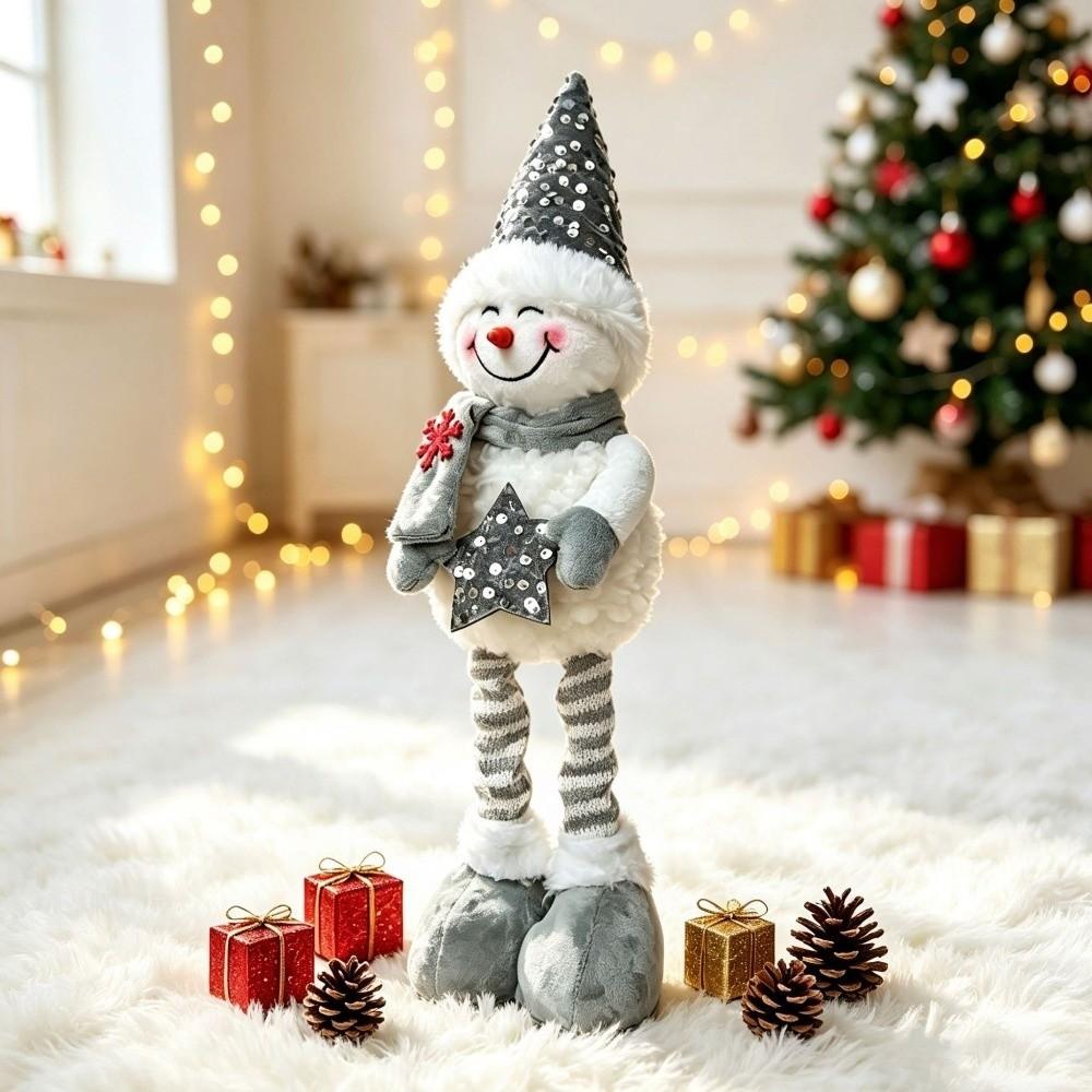 Sequined Retractable Snowman Figurine Stretchable Soft Fabric Christmas Standing Snowman Sparkling Star Christmas Snowman