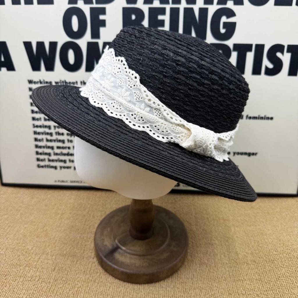 Sweet sister lace bow hollow straw bucket hat female summer breathable sun protection show face small versatile big brim straw hat