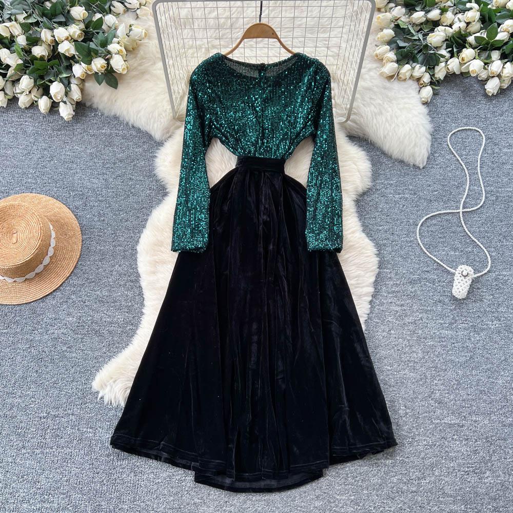 Шикарный Винтажный Велюровый Элегантный Наряд Феи с Длинным Рукавом Корейская Мода Осенняя Мода Платья Женская Одежда
