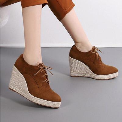 Осень и зима Новые женские туфли на танкетке Туфли на толстой подошве со шнуровкой Эспадрильи На высоком каблуке На толстом каблуке Соломенная плетеная обувь